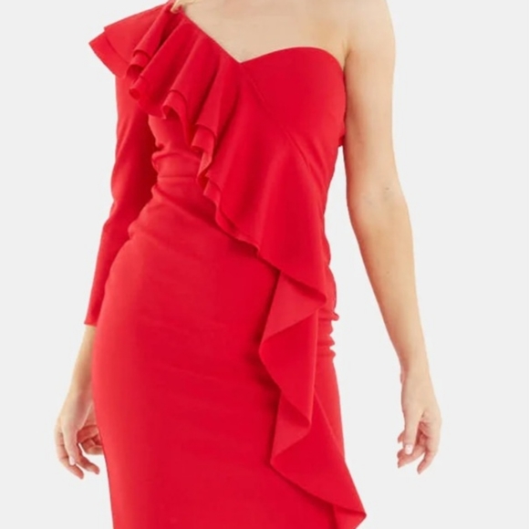 Quizz Red One Shoulder Scuba Dress - Picture 1 of 8
